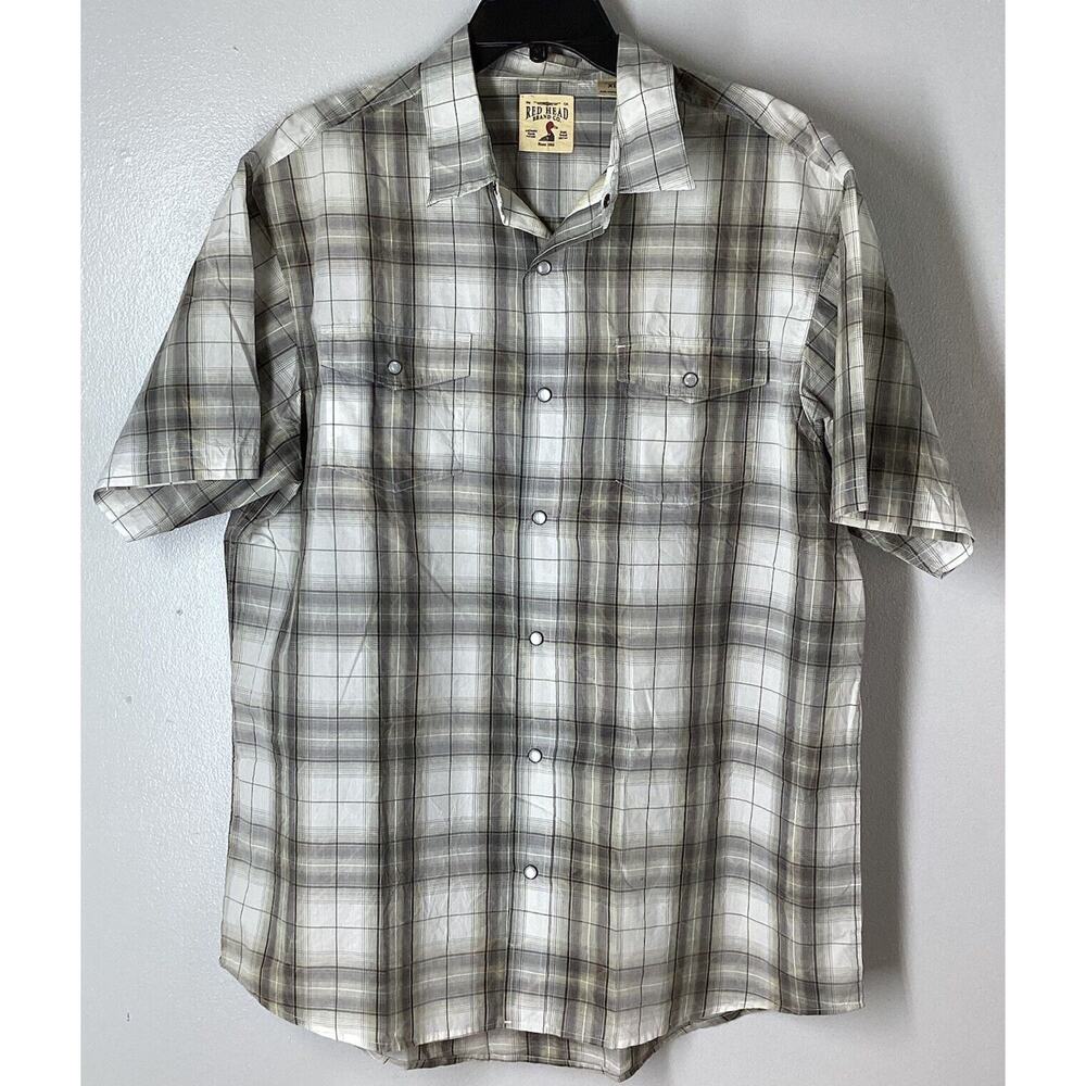 Red Head Mens Button Down Short Sleeve Shirt XL Plaid Front Pockets